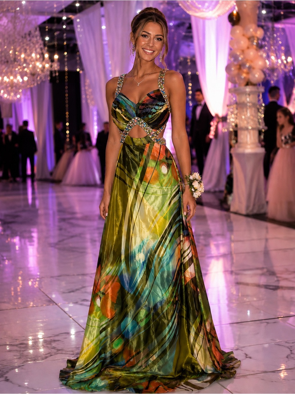 KISS KISS Formal Chiffon Green‎ Multicolor Geo Crystal Rhinestone Formal Size 6